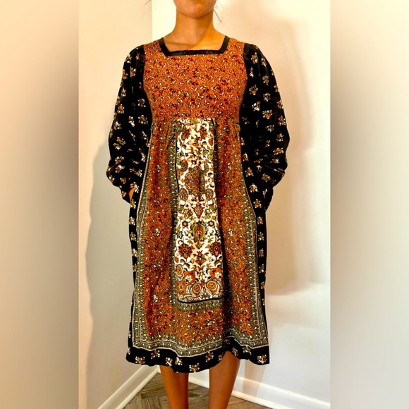 VINTAGE Hand Sewn 70s/80s Black Brown Floral Empire Waist Prairie Midi Dress S - Picture 2 of 4